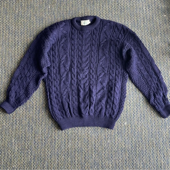 VTG Blarney XL Fisherman Cable-knit Oversized 100% Pure Wool Sweater Deep Blue - Picture 1 of 5